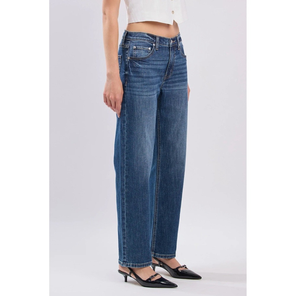 NWT Eunina Danica Bowed Straight Mid Rise Jeans Sz 7/28 Momcore Barrel Style - Picture 3 of 16